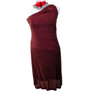 Melanie Lyne sz10 copper and burgundy one shoulder dress